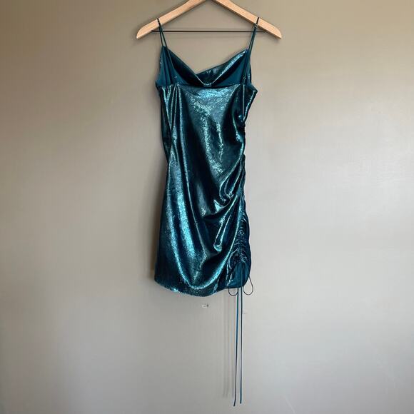 CINQ A SEPT Shiny Astrid Dress Teal Topaz Size 2 Metallic Bodycon Mini Sexy Chic - Picture 13 of 16